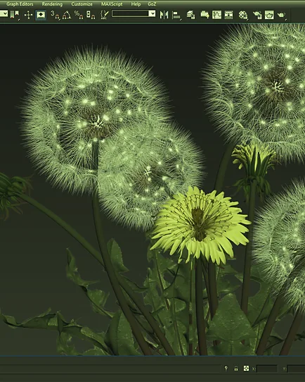 A 3D modelling viewport rendering dandelions
