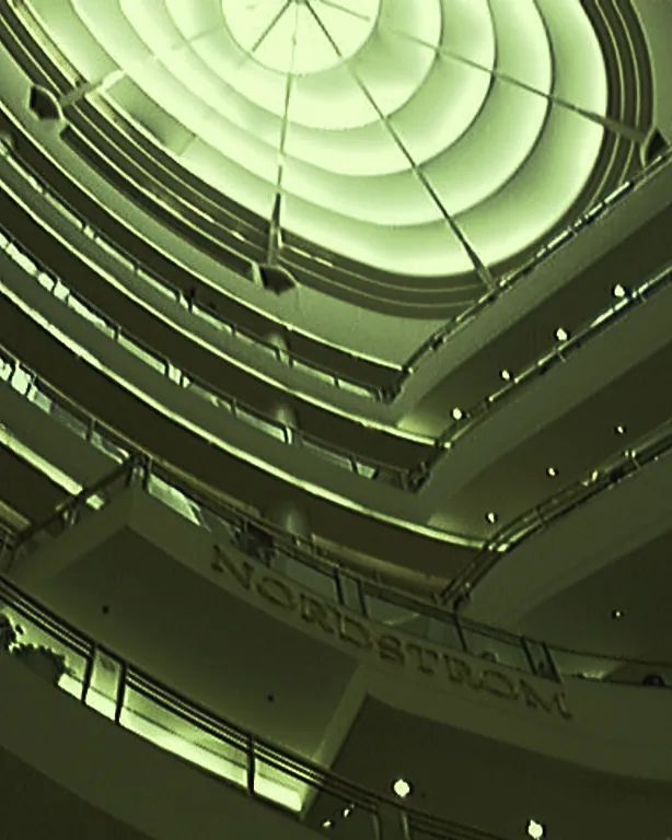 Stacked circular floors of a mall rising to a domed skylight